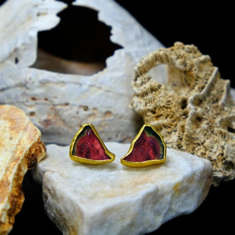 Timeless Elegance At Unbelievable Discounts Watermelon Tourmaline Slice Earrings in Gold