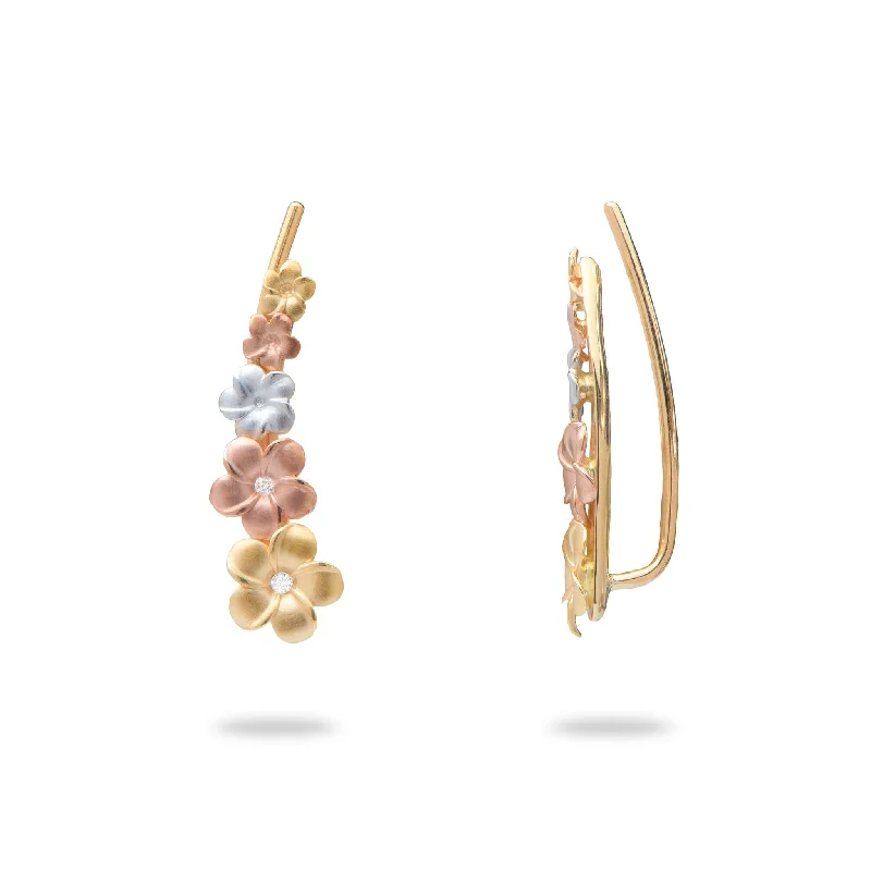 Timeless Beauty, Unbeatable Deals – Jewelry Sale On Plumeria Climber Earrings in Tri Color Gold with Diamonds - 19mm
