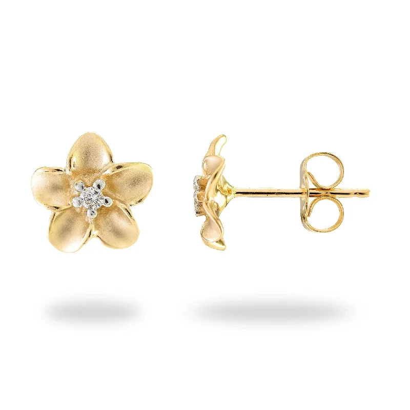 Classic And Modern Jewelry Styles On Sale Plumeria Earrings in Gold with Diamonds - 9mm