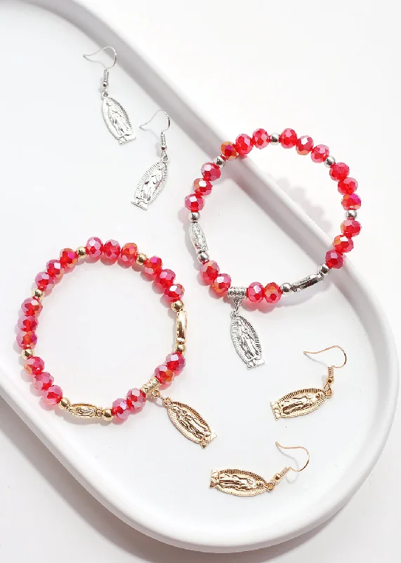 Best-Selling Jewelry Now Available At Special Deals Red Virgin Mary Bead Bracelet & Earring Set
