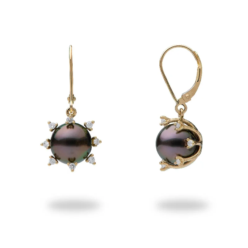 Stunning Jewelry At Even More Stunning Prices Protea Tahitian Black Pearl Earrings in Gold with Diamonds - 9-10mm