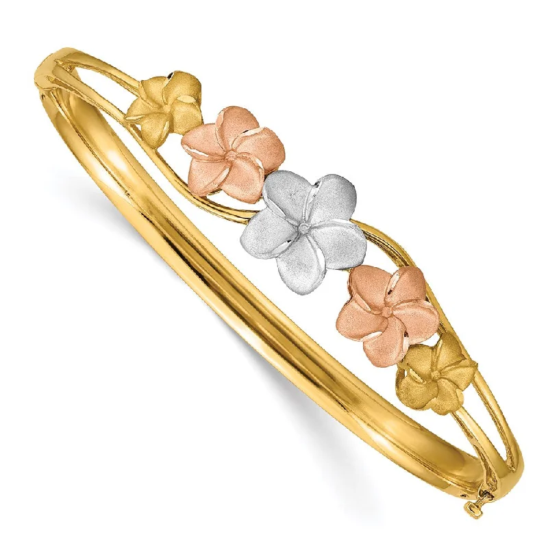 The Perfect Accessory For Less – Jewelry Sale Live 14k Tri-Color Gold Polished and Satin Plumeria Hinged Bangle Bracelet