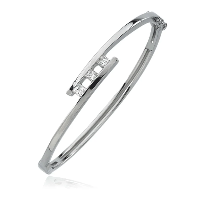 Handmade Pearl Jewelry For Timeless Elegance 14k White Gold & 5/8 Ctw Diamond 3 Stone Hinged Bangle Bracelet