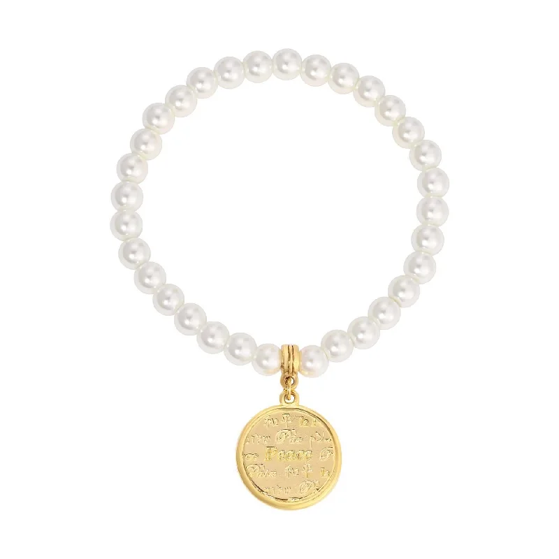 Affordable Glamour – Premium Jewelry For Less 1928 Jewelry 6mm Faux Pearl Multilingual Peace Medallion Stretch Bracelet