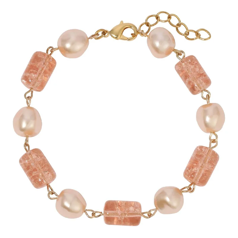 Trendy Minimalist Jewelry For Everyday Wear 1928 Jewelry Beaded Peach Cracked Glass & Champagne Faux Pearl Link Bracelet