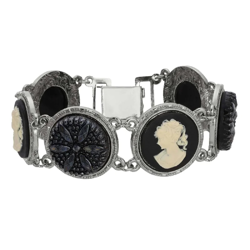 Shop Modern Jewelry Collections With Exclusive Discounts 1928 Jewelry Black Floral Glass Stone & Cameo Clasp Bracelet