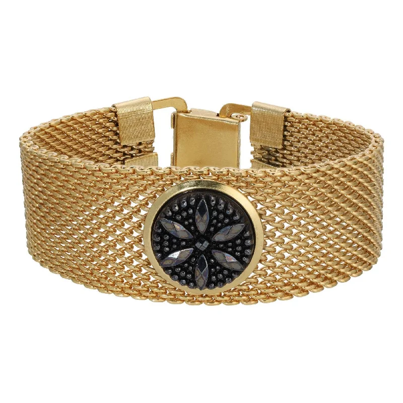 Limited-Time Jewelry Sale – Don't Miss These Deals 1928 Jewelry Black Glass Flower Gold Mesh Bracelet