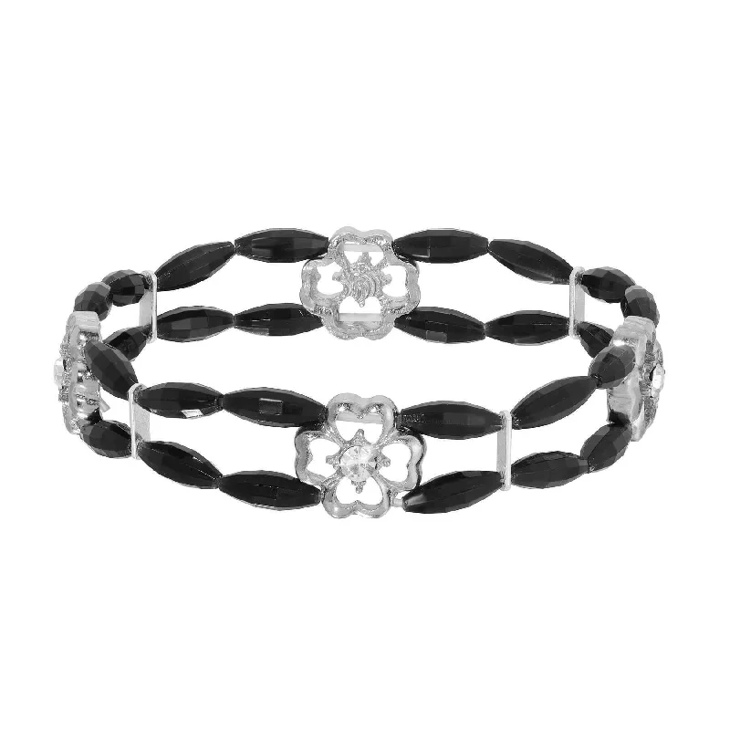 Premium Diamond Jewelry At Once-In-A-Lifetime Discounts 1928 Jewelry Clover & Crystal Jet Black Beaded Stretch Bracelet
