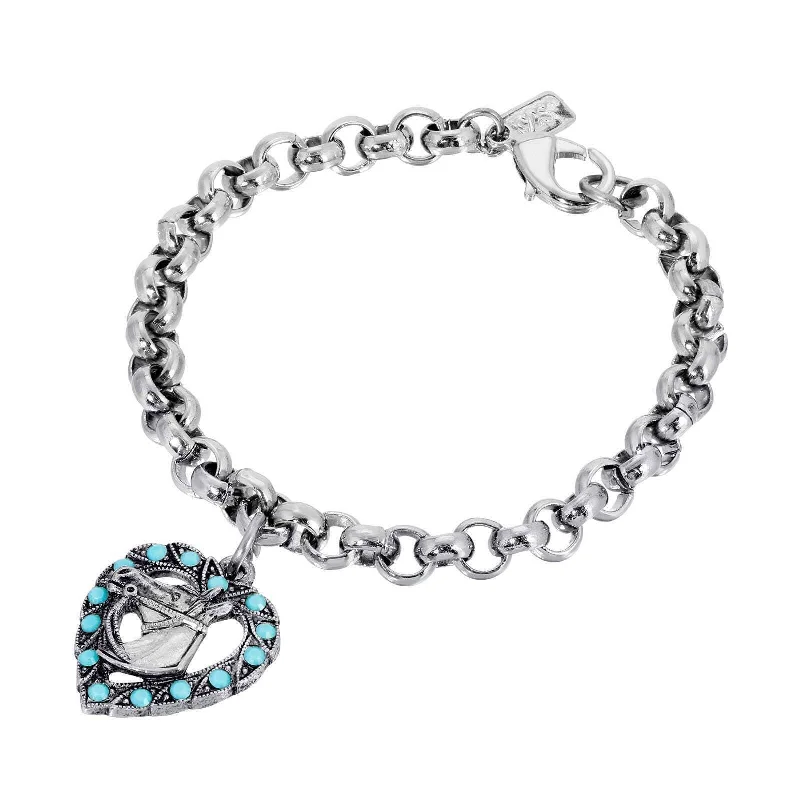 Celebrate With Sparkle – Jewelry Sale Now Live 1928 Jewelry Heart With Horse Turquoise Crystal Round Link Bracelet
