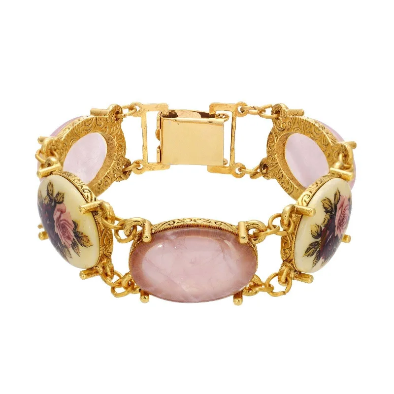 Affordable Glamour – Premium Jewelry For Less 1928 Jewelry Manor House Pink & Purple Floral Stone Rose Quartz Link Bracelet