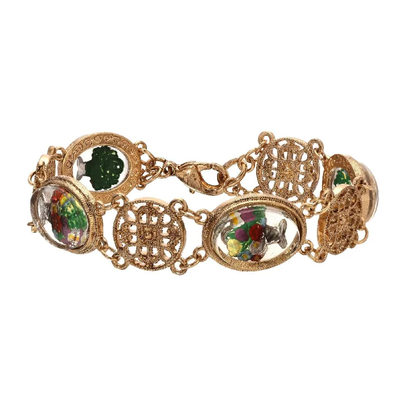 Limited-Time Offer On Elegant Jewelry Pieces 1928 Jewelry Meso Round Intricate Filigree & Mixed Flower Bouquet German Glass Link Bracelet