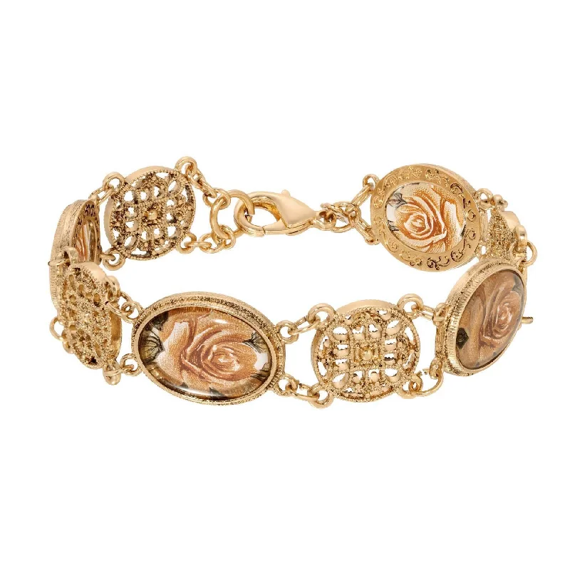 Luxury Jewelry At Unbeatable Discounts 1928 Jewelry Meso Round Intricate Filigree & Pink Rose Glass Stone Link Bracelet