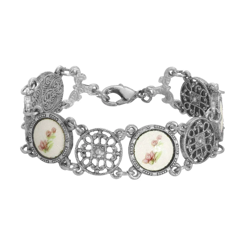 Stunning Statement Jewelry, Unbeatable Discounts 1928 Jewelry Meso Round Intricate Filigree Pink & White Stone Link Bracelet