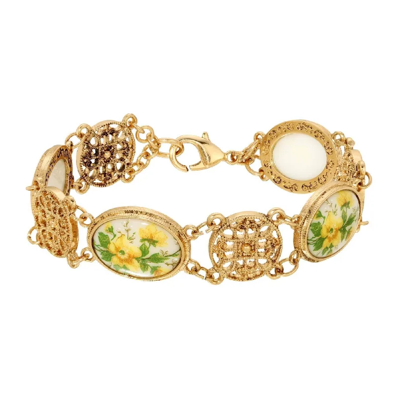 Affordable Elegance – Special Jewelry Sale Now Live 1928 Jewelry Meso Round Intricate Filigree Yellow Flower Bloom Glass Stone Link Bracelet
