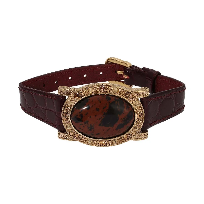 Modern Statement Jewelry For Bold Styling 1928 Jewelry Oval Brown Obsidian Topaz Crystal Burgundy Leather Belt Bracelet