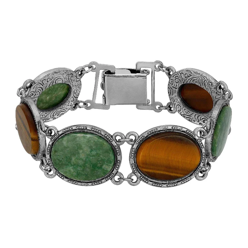 Elevate Your Jewelry Collection With Limited-Time Savings 1928 Jewelry Oval Tigers Eye & Jade Gemstone Link Bracelet