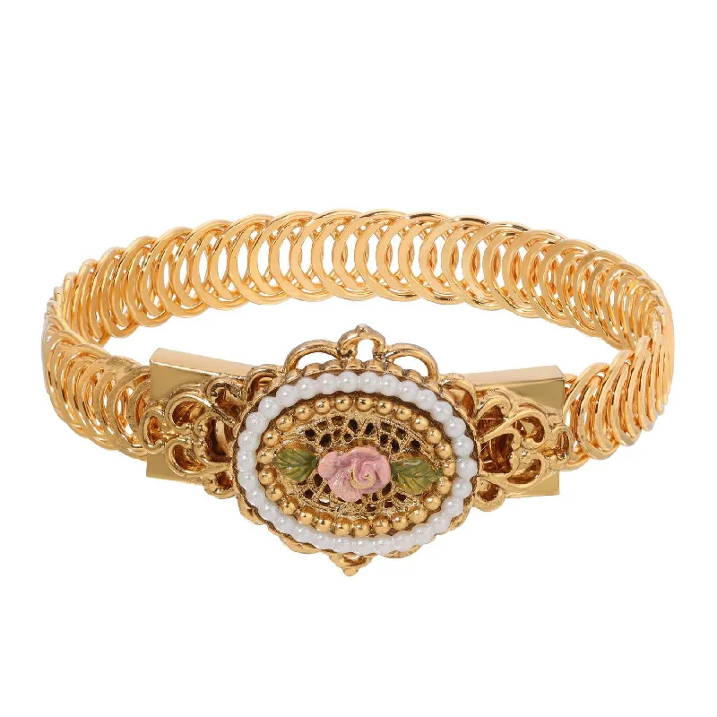 Discounted Luxury Jewelry – Shine Without The Splurge 1928 Jewelry Pearly Eden Pink Rose Enamel Faux Pearl Belt Bracelet
