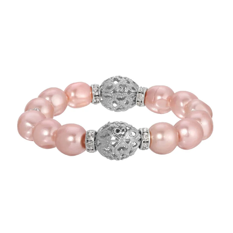 Unmissable Deals On Handmade Jewelry Collections 1928 Jewelry Rosabella Pink Faux Pearl Filigree Puff Bead Stretch Bracelet