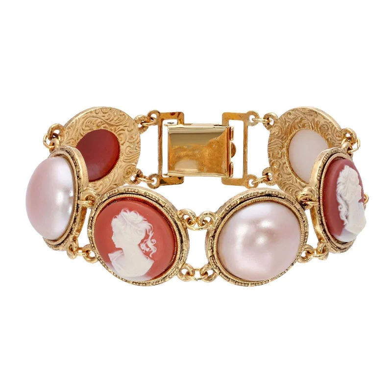 Shop Elegant Jewelry At Unbeatable Prices 1928 Jewelry Rosabella Raspberry Peach Faux Pearl Round Carnelian Ivory Cameo Clasp Bracelet