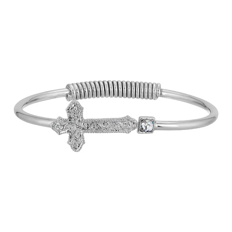 Chic And Stylish Jewelry At Exclusive Prices 1928 Jewelry Silver Vine Cross Round Crystal Hinge Bangle Bracelet