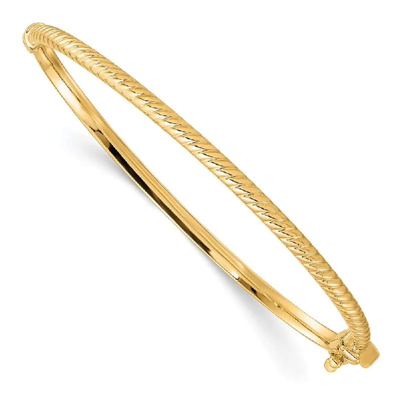 Chic, Trendy, And Affordable Jewelry Sale 3mm 10k Yellow Gold Polished Textured Hinged Bangle Bracelet