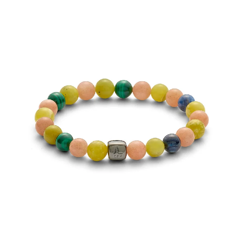 Premium Jewelry Now Available At Special Discounts ColorUp Miami (8mm) Silver Bracelet w. Moonstone, Malachite, Kyanite & Peridot