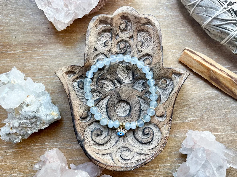 Once-A-Year Jewelry Sale – Grab Your Favorites Now Aquamarine Beaded Bracelet || Blue Evil Eye Charm || Reiki Infused