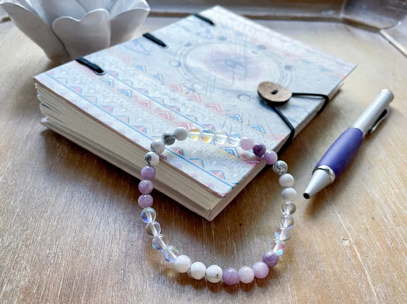 High-Quality Gemstone Jewelry For Special Occasions Back to School || Howlite, Lepidolite & Aura Quartz Beaded Bracelet || Reiki Infused