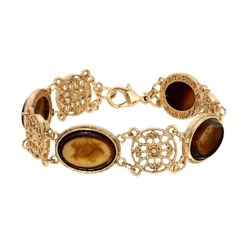 Unmissable Jewelry Clearance – Final Reductions 1928 Jewelry Meso Round Intricate Filigree Oval Tortoise Glass Stones Link Bracelet 7.75"