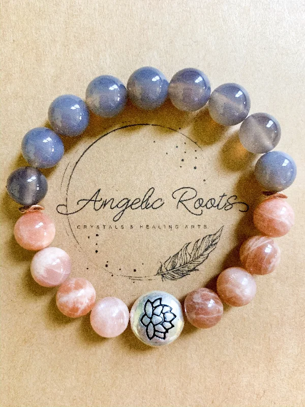Shop Handcrafted Jewelry At Special Promotional Rates Gray Agate & Peach Moonstone 10mm Beaded Bracelet || Reiki Infused