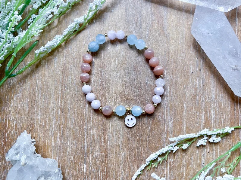 Must-Have Jewelry Pieces At Reduced Prices Kunzite, Aquamarine & Peach Moonstone Smiley Beaded Bracelet || Reiki Infused