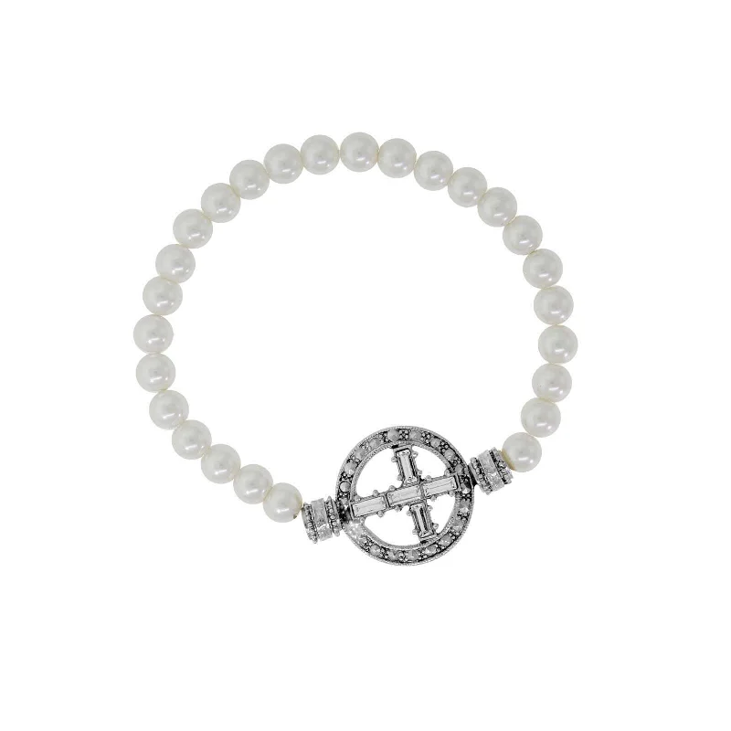 Seasonal Jewelry Deals – Elevate Your Style Symbols Of Faith Pewter Crystal Cross Faux Pearl Stretch Bracelet