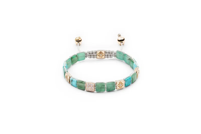 Must-Have Jewelry At Unbelievable Discounts 6mm Lock Dusty White 18K Gold Bracelet w. Diamond, Emerald & Turquoise