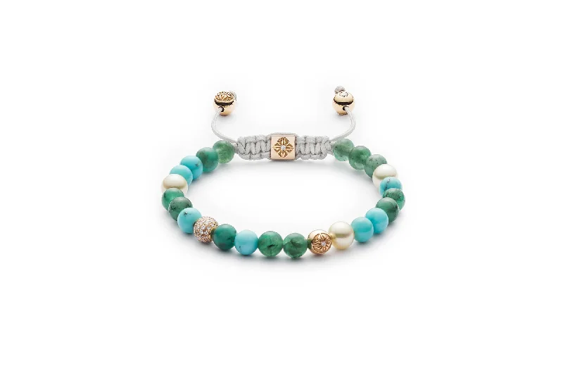 Your Perfect Accessory Now At The Best Price 6mm Non-braided Dusty White 18K Gold Bracelet w. Diamond, Emerald & Turquoise