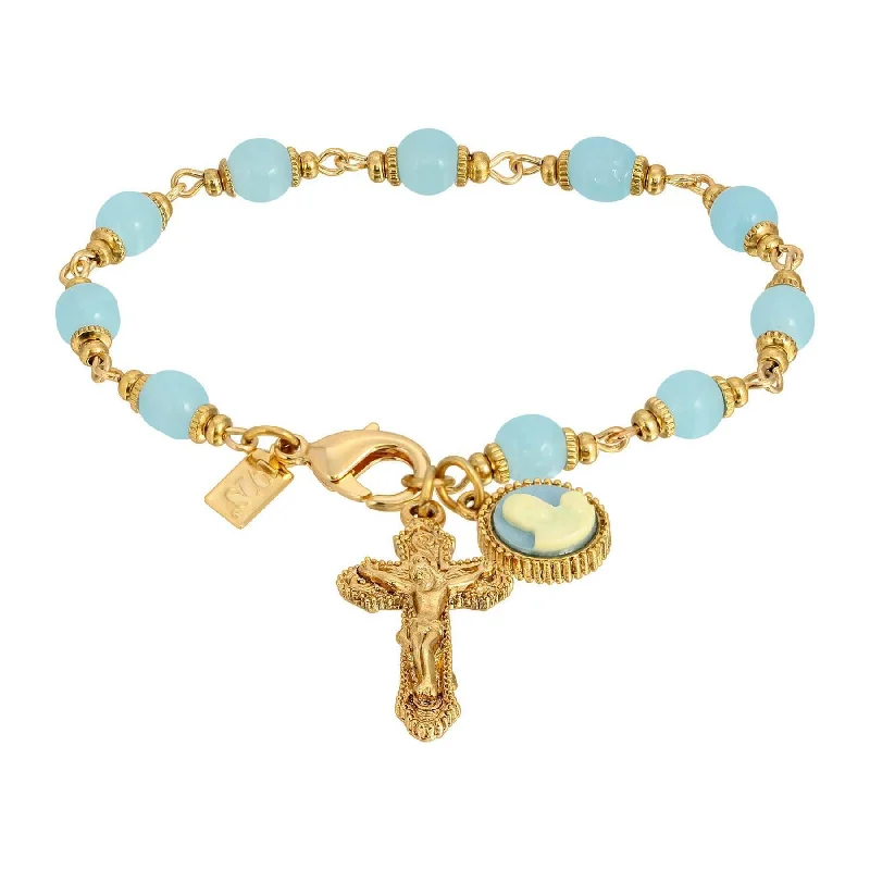Your Perfect Accessory Now At The Best Price Symbols Of Faith Aqua Glass Chalcedony Baroque Crucifix & Mother And Child Cameo Link Bracelet