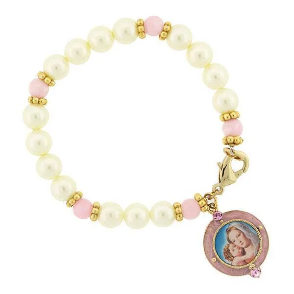 Seasonal Jewelry Deals – Elevate Your Style Symbols Of Faith Faux Pearl Pink Bead Crystal Accent Mary And Child Charm Bracelet
