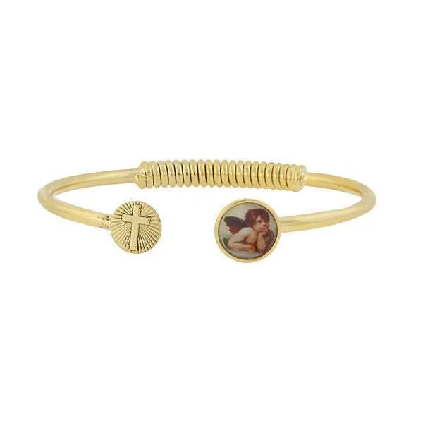 Timeless Elegance At Unbelievable Discounts Symbols Of Faith Sping Hinge Bracelet With Cross And Cherub Decal Accent