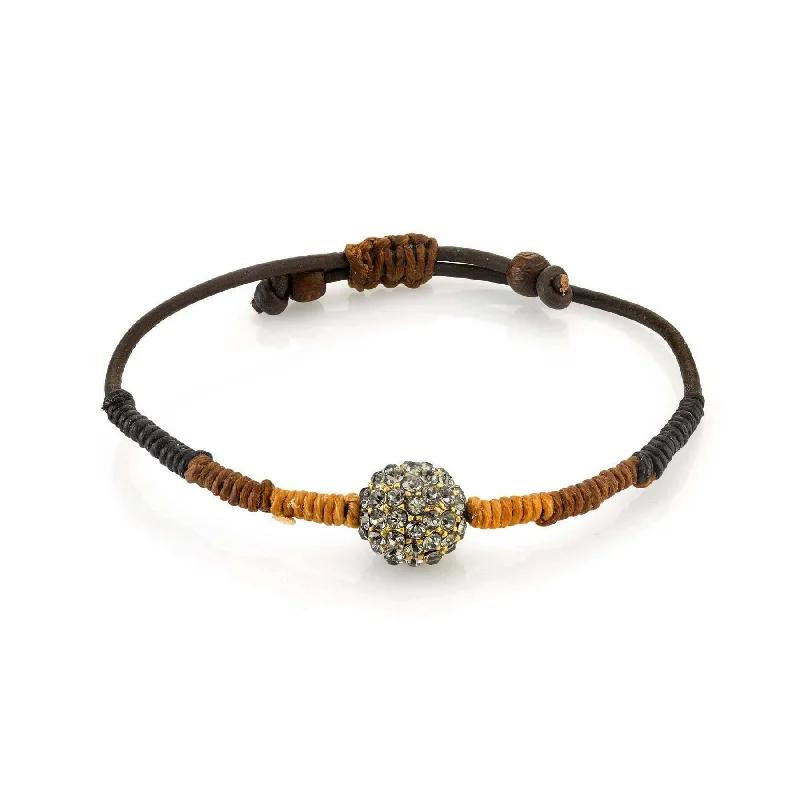 Limited-Time Offer On Elegant Jewelry Pieces T.R.U. Black Diamond Fireball Crystal Brown Leather Cord Linen Wrapped Bracelet