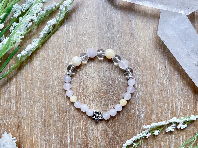 Sparkle On A Budget – Fine Jewelry For Less Yellow Calcite, Rose Quartz & Clear Quartz Flower Beaded Bracelet || Reiki Infused