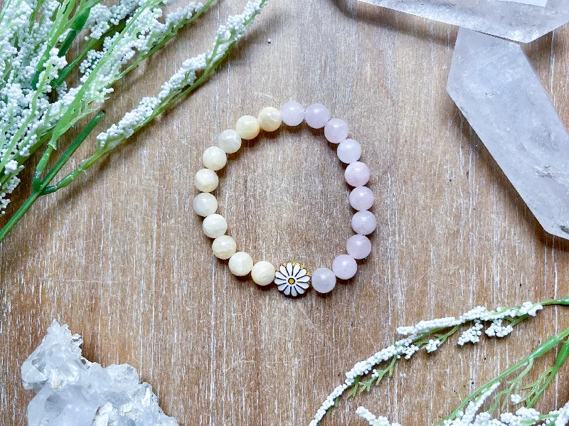 Bohemian-Inspired Jewelry For Free-Spirited Fashion Yellow Calcite & Rose Quartz Daisy Beaded Bracelet || Reiki Infused