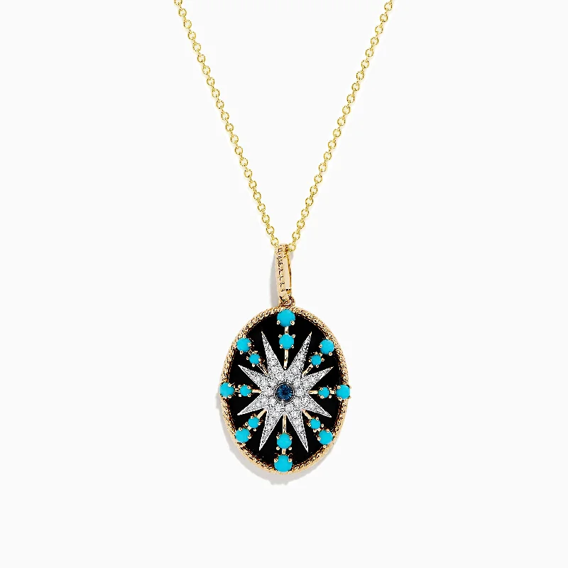 Fashion-Forward Geometric Jewelry For Contemporary Style 14K Yellow Gold Blue Topaz, Turquoise, Onyx and Diamond Pendant