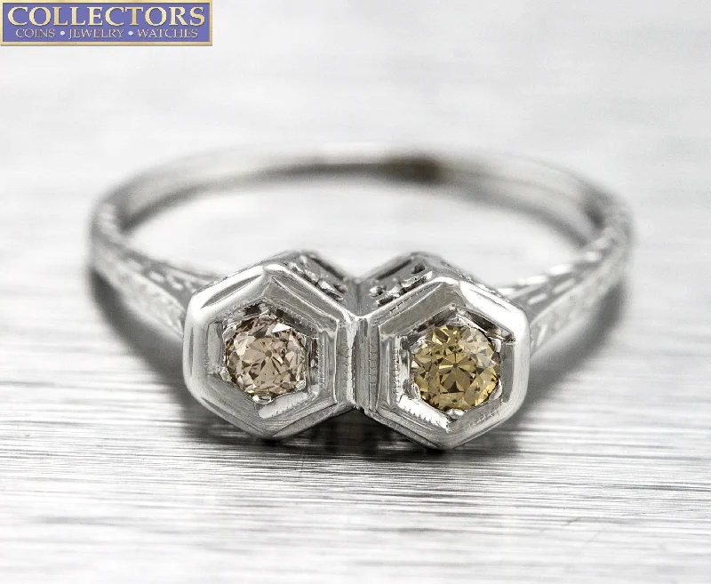 Grab Your Favorite Jewelry At The Lowest Prices Antique Art Deco 14K White Gold 0.25ctw Champagne Diamond Filigree 2 Stone Ring