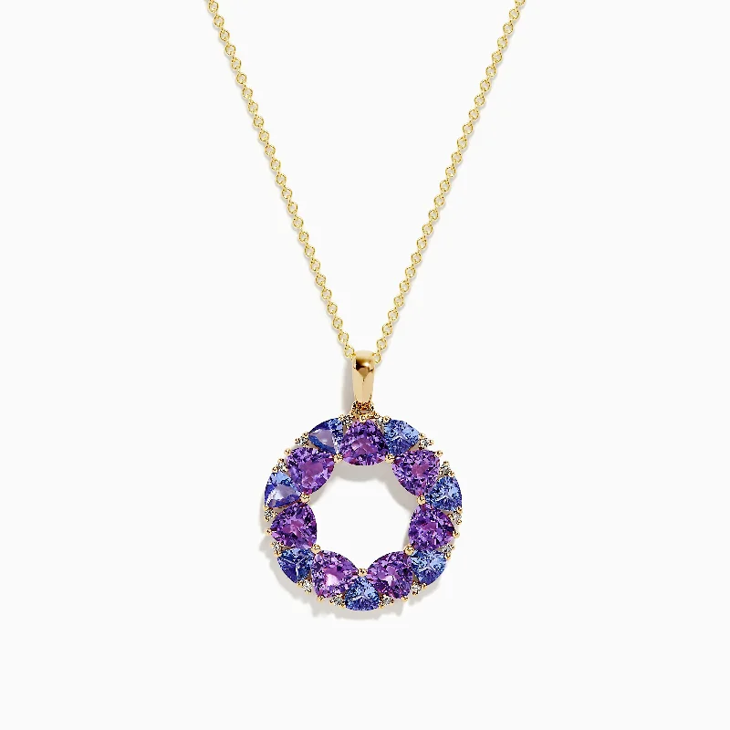 Delicate Crystal Jewelry For Sophisticated Charm 14K Yellow Gold Amethyst, Tanzanite and Diamond Pendant