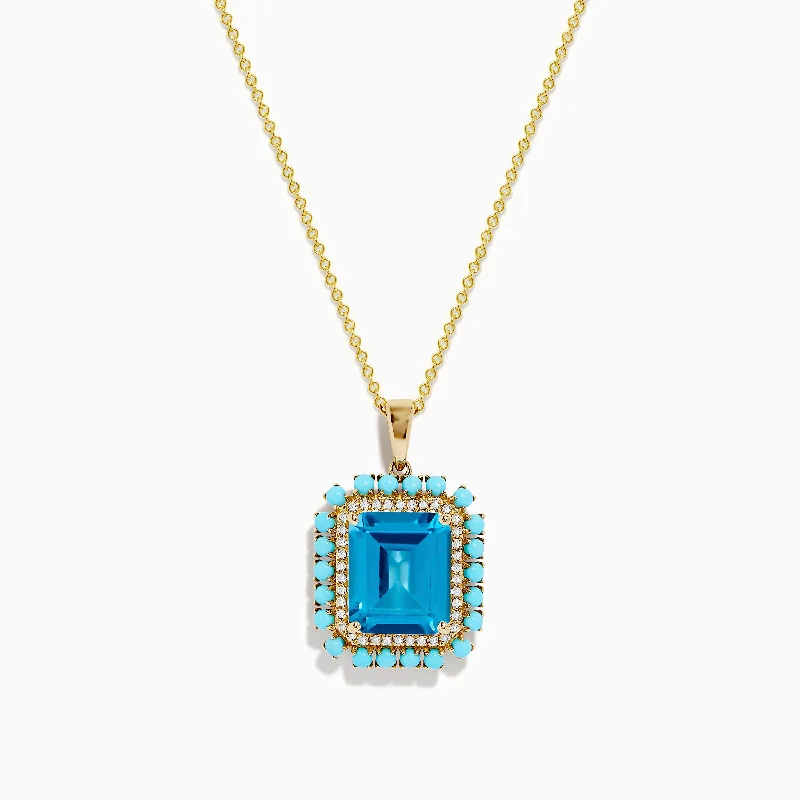 Romantic Heart-Shaped Jewelry For Special Gifts 14K Yellow Gold Blue Topaz, Turquoise and Diamond Pendant