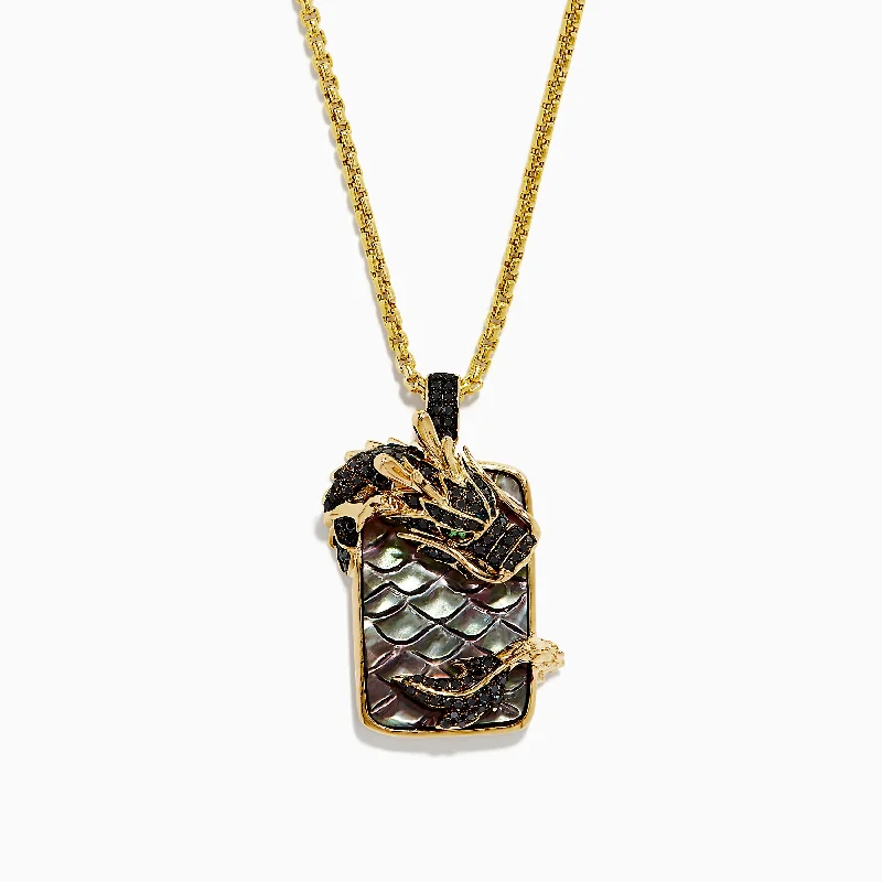 Grab Stylish Jewelry Before The Sale Ends Men's Safari 14K Yellow Gold Tsavorite, Black Shell, and Black Diamond Pendant