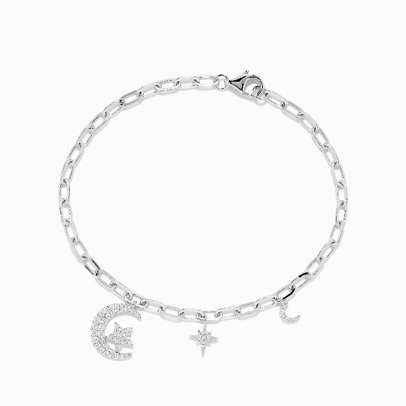 Modern Statement Jewelry For Bold Styling Novelty 14K White Gold Diamond Moon and Star Charm Bracelet