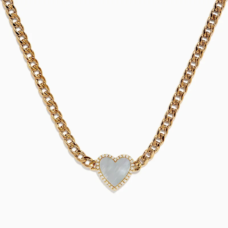 Special Deals On Handcrafted And Designer Jewelry Novelty 14K Yellow Gold Diamond and Mother of Pearl Heart Necklace