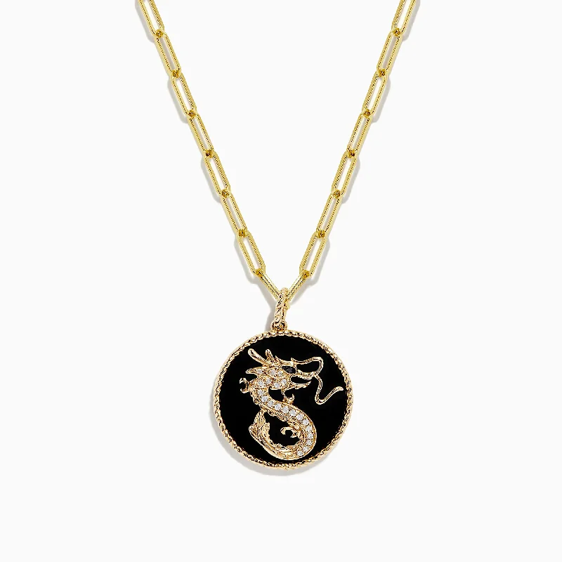 Elegant Designs, Unbeatable Discounts – Shop Jewelry Now Novelty 14K Yellow Gold Onyx and Diamond Dragon Coin Pendant, 4.62 TCW