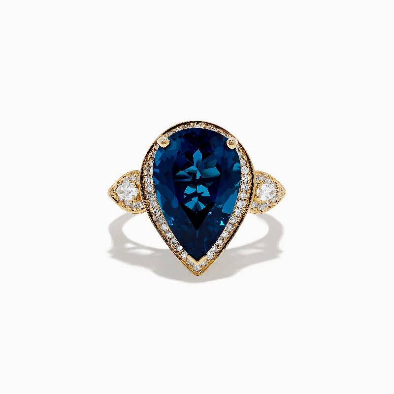 Elevate Your Outfit With Discounted Statement Jewelry Ocean Bleu 14K Yellow Gold Blue Topaz and Diamond Teardrop Ring