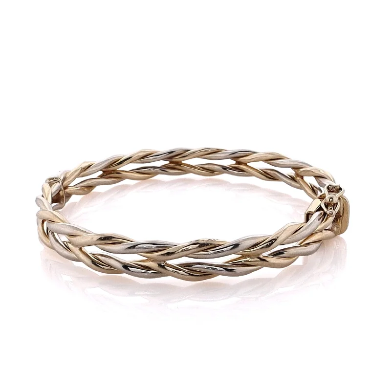 Exclusive Jewelry Bundles At Discounted Prices Estate 14 karat White and Yellow Gold Polished Braided Design Hinged Bangle Bracelet